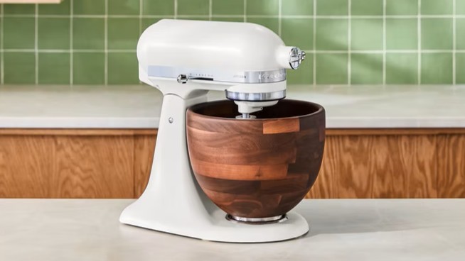 KitchenAid stand mixer with wooden bowl in Porcelain White