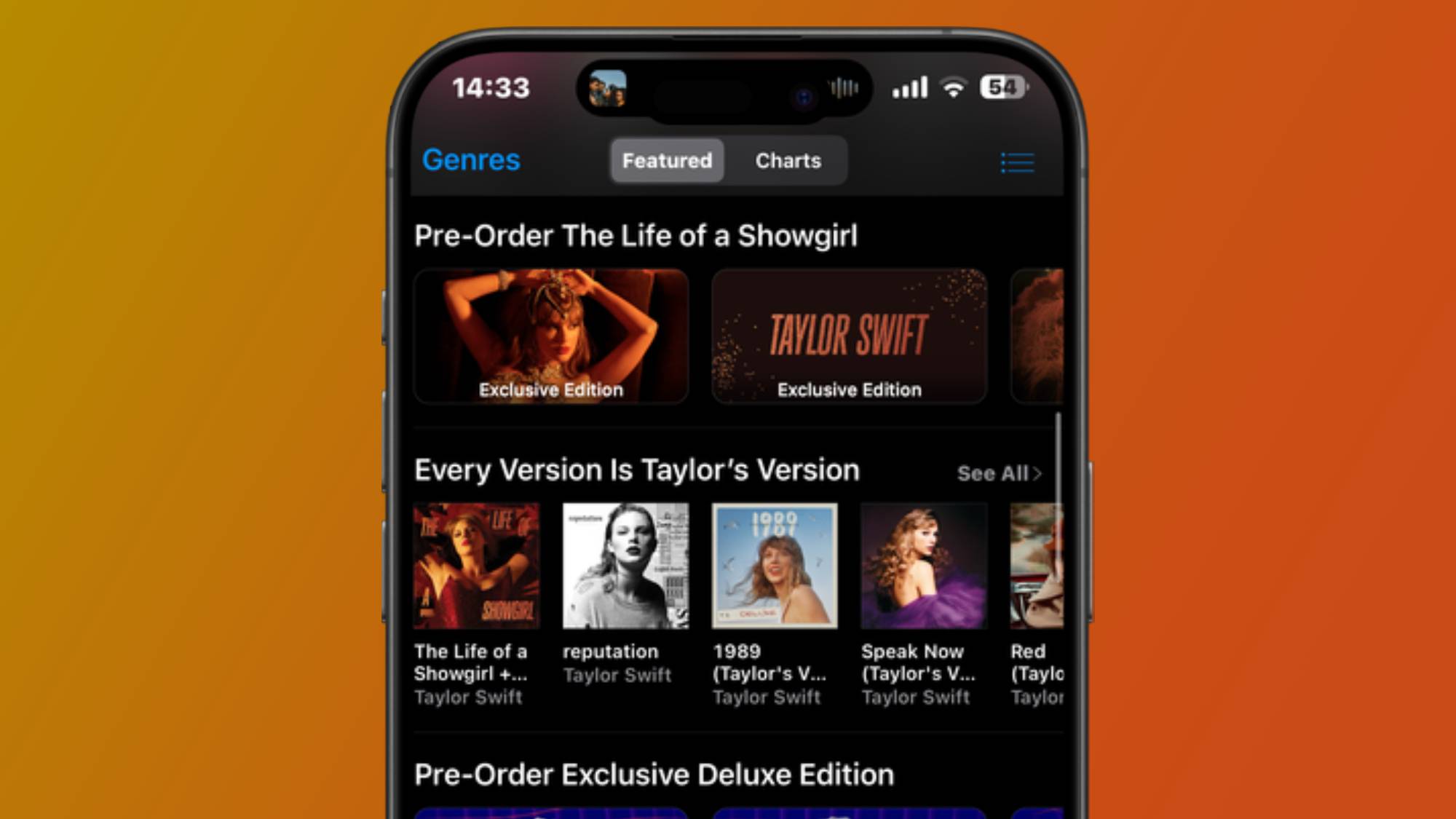 An iPhone showing the iTunes homepage with Taylor Swift's new album, The Life of a Showgirl, for pre-order