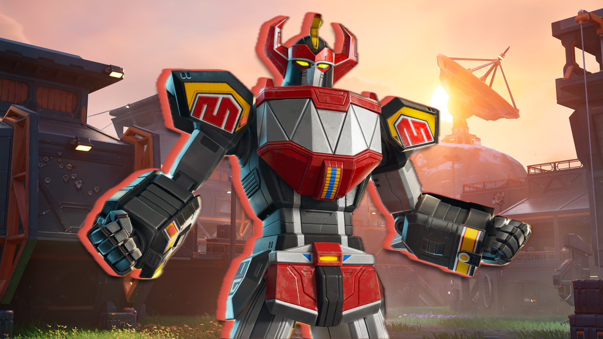 The Dino Megazord stands against the backdrop of a futuristic military HQ