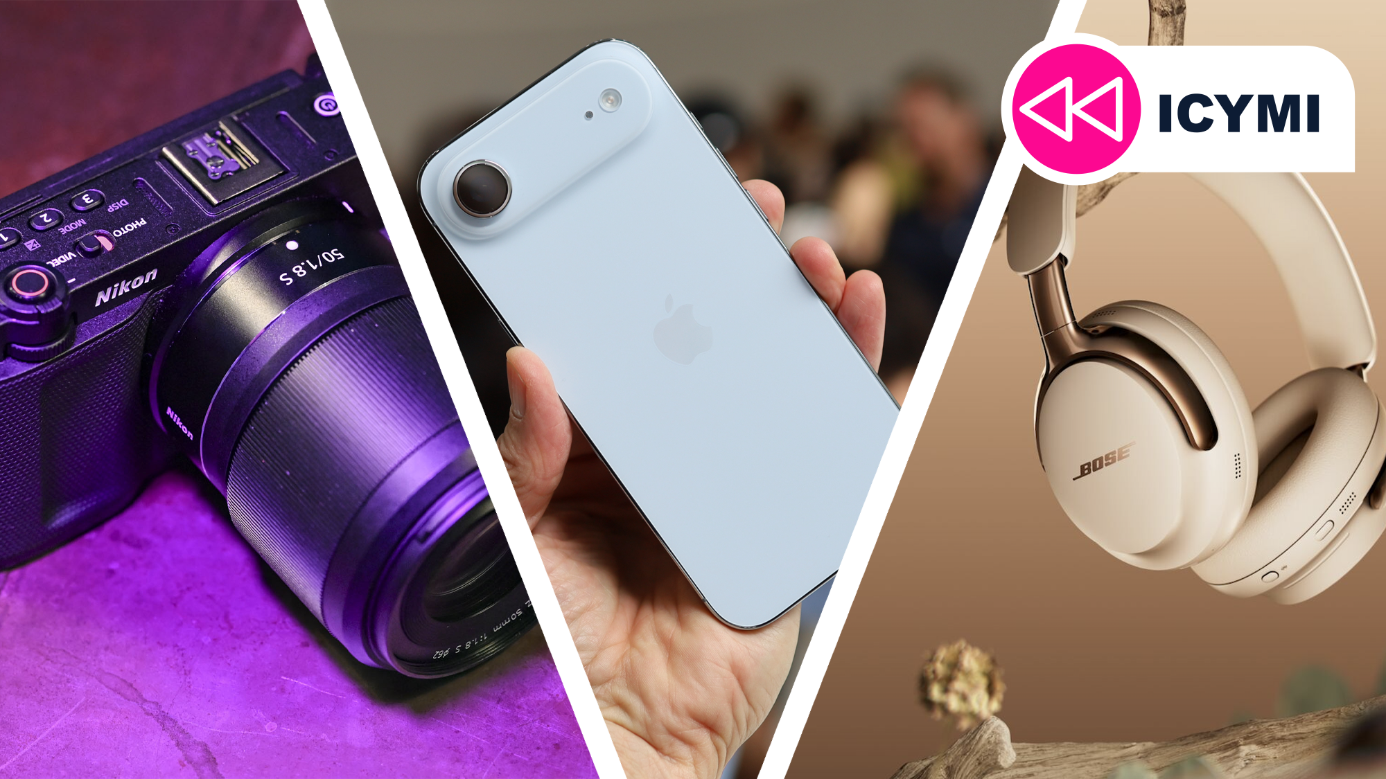 A Nikon camera next to an iPhone Air and new Bose headphones