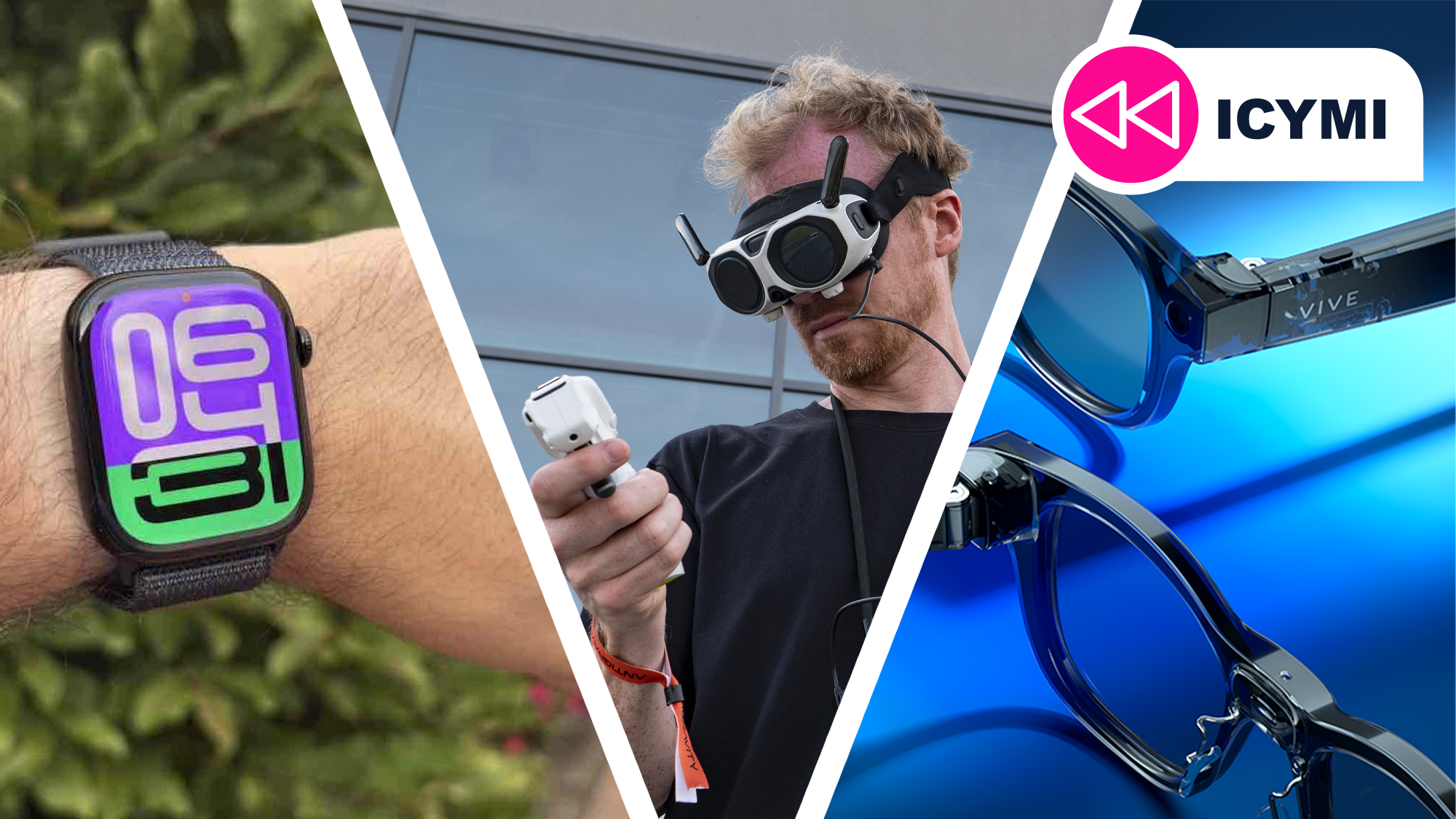 An Apple Watch, Insta360 Antigravity, and the Vive Eagle next to each other.