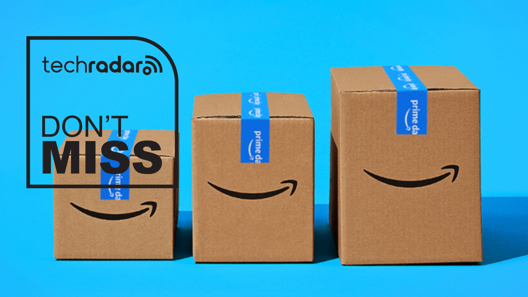 Three Amazon packages side by side on a blue background